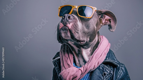 A stylish dog exudes confidence in a funky ensemble--jacket, tie, sunglasses--posing as a supermodel on a solid background.