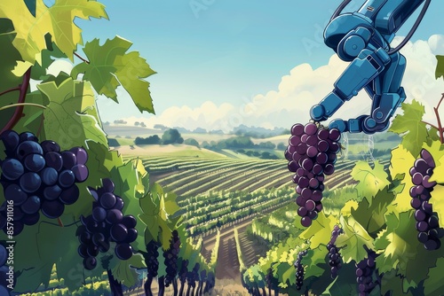 high-tech robotic arm efficiently harvesting ripe grapes in a lush vineyard, showcasing advanced agricultural automation technology in a scenic rural setting.