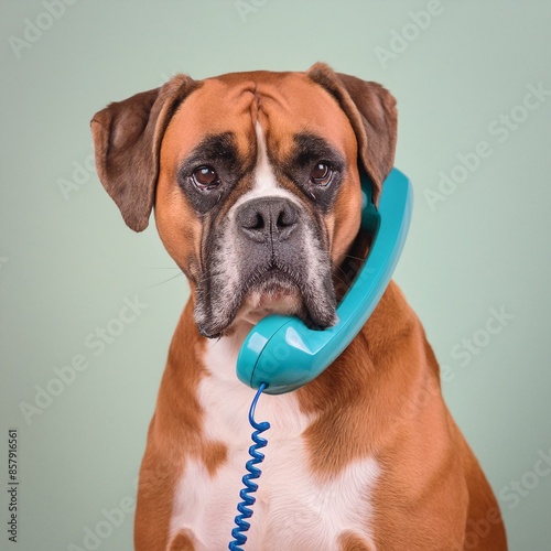 A dog is holding a telephone receiver and talking