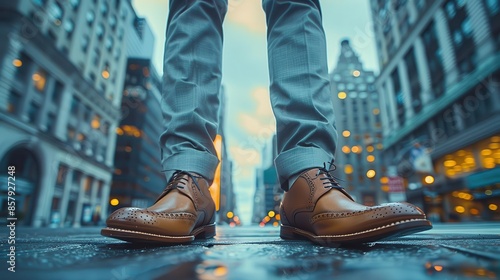 Man in leather brogues and tailored trousers, modern cityscape, classic menswear, urban elegance, cool tones