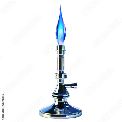 A highly detailed image of a lit Bunsen burner with a blue flame, an essential tool for laboratory experiments and scientific research.