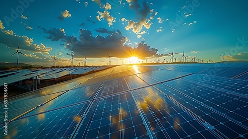 Detailed close-up of solar panels with wind turbines in the distance, emphasizing the combination of solar and wind energy, with sunlight creating reflections on the panels, clear blue sky, hd quality