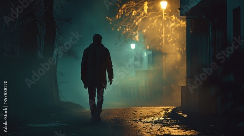 A person walking alone on a city street at night