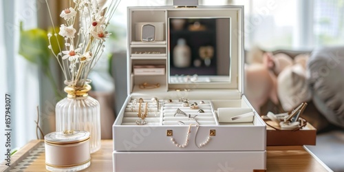 Elegant Jewelry and Beauty Accessories Organizer Box for Women with Mirror, Ring, and Bracelet Spaces. Modern Fashion Design on Bedroom Vanity. Perfect for Valentine's Day Gifts, Wedding Anniversaries