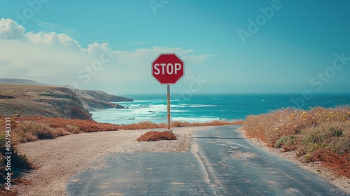 A red stop sign stands at the end of a road overlooking a vast blue ocean and a rocky coastline.