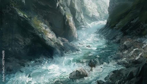 A river rushing through a canyon, white water rapids creating a sense of motion and energy.