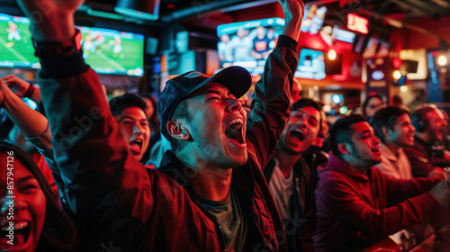 Supporters passionnés criant dans un bar bondé regardant un match de football sur les écrans de tv