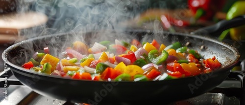 A sizzling hot pan with vibrant peppers and onions being sauteed in olive oil, captured from an eye-level angle, emphasizing the steam and colors,