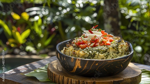 A bowl of Vanuatu lap lap with grated root vegetables and coconut milk, baked in banana leaves, served on a wooden platter, photographed in a tropical garden setting