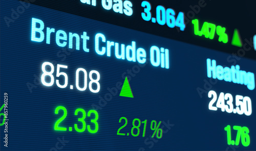 Close up device scrren with commodity trading information, brent crude oil moves up. Business, trading board, stock market and exchange. 3D illustration