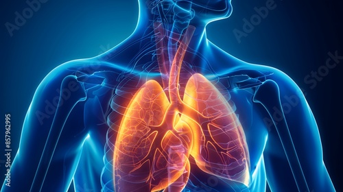Lungs and Trachea - An illustration of the human upper body with glowing lungs and trachea in orange