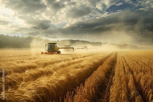 Another image of harvesters collecting wheat in a field