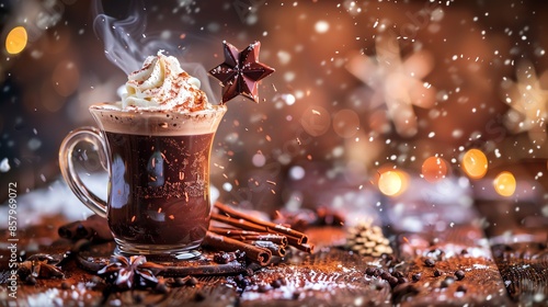 A steaming mug of Belgian hot chocolate with a chocolate stick and a dollop of whipped cream, set on a wooden table, photographed in a snowy Belgian village