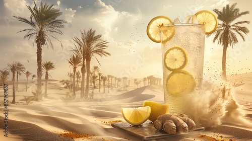 A tall glass of Libyan lemon ginger drink with fresh ginger slices and lemon wedges, served on a ceramic coaster, photographed in a Libyan desert with sparse mangrove trees