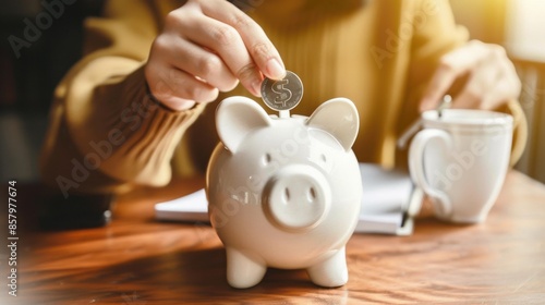 A coin slips into a white piggy bank on a wooden table, with a notebook and coffee cup close by. Illustrating the commitment to saving money and financial discipline. 