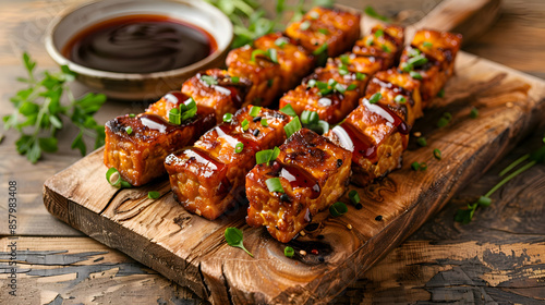 Fast food tempeh served with a side of soy sauce, presented on a rustic wooden board