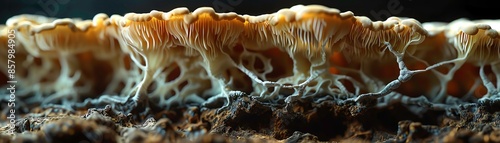 Close-up of intricate fungal structures and networks on the surface of a decomposing material, showcasing natural mycelium growth.