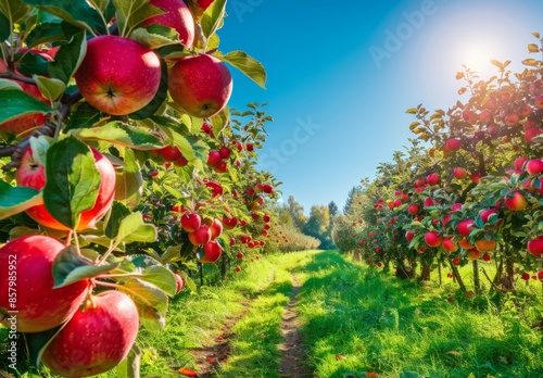 Apple orchard in autumn green grass, beautiful scenery, green nature