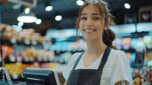 attractive young saleswoman cashier smiling serving customers in store ai generated