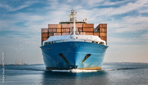 Large blue container ship at sea, viewed from the front