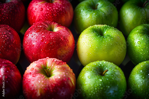 Fresh dewy red and green apples closeup