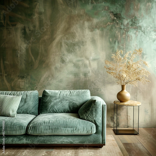 Sofa near grunge teal stucco wall with copy space. Loft interior design of modern living room.