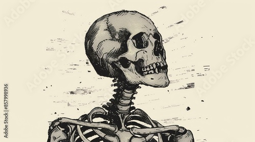 An illustration of a human skeleton with a beige background. The skeleton is facing to the right of the viewer.