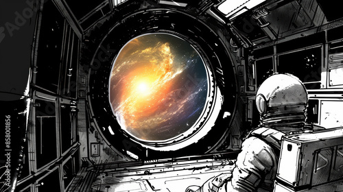 Hand-drawn astronaut gazing out of a spaceship window at a mesmerizing galaxy. Space Exploration Day, National Astronomy Day, loneliness, feel good about yourself.