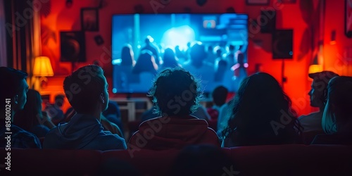 Audience in dark room watching TV influenced by propaganda and fake news. Concept Media Manipulation, Fake News Stories, Dark Room Setting, Propaganda Influence, Audience Indoctrination