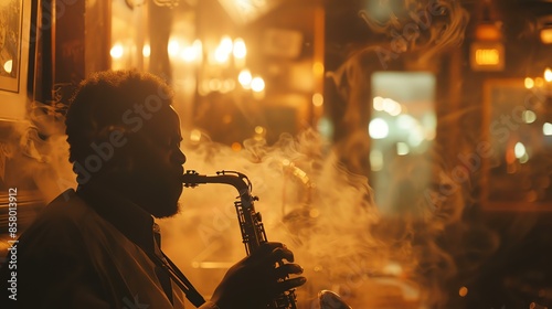 ðŸŽ· The image is a silhouette of a saxophone player performing in a smoky jazz club.
