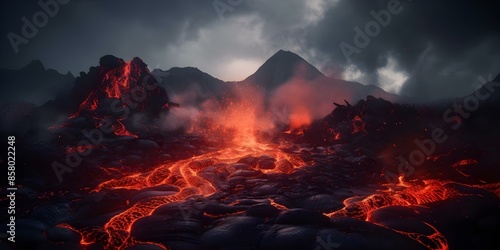 Rivers of lava flow from volcanic eruption, causing widespread destruction. Concept Natural Disasters, Volcanic Eruption, Lava Flow, Destruction, Emergency Response