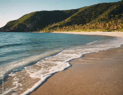 Una spiaggia deserta, con il mare turchese che lambisce la riva e alte palme che ondeggiano al vento. 