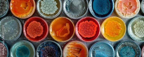 Colorful bacterial cultures in petri dishes showing various growth patterns and vibrant colors in a laboratory setting.