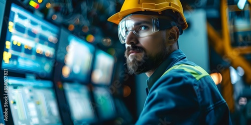 Industrial control panel SCADA engineer overseeing operations in control room. Concept Industrial Automation, SCADA System, Control Room Operations