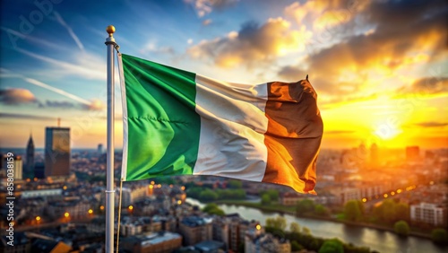 Vibrant irish flag dominates the foreground, its emerald and white hues vivid against a blurred cityscape, symbolizing patriotism and unity amidst chaos.