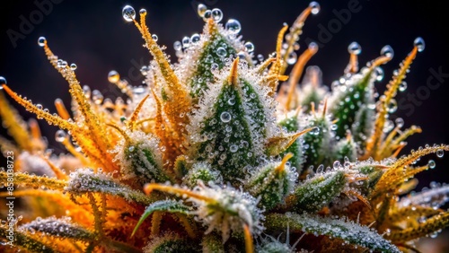 Macrosopic view of amber trichomes covering a dark background highlighting the potent thc crystals in a high-cannabinoid cannabis concentrate hashish form.