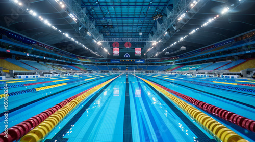 2024 Olympics swimming races with athletes performing. AI generative.
