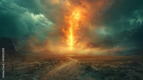 The pillar of fire guiding the Israelites by night, casting a warm, radiant light over the desert landscape as they journey through the wilderness.