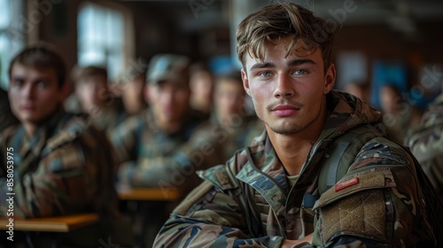 An army recruit, attentive and serious, sits among his classmates in a camouflage uniform during a training session that emphasizes learning and resilience.