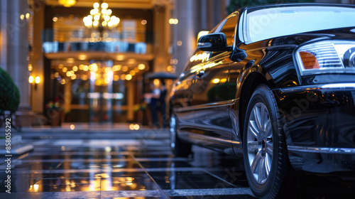 Black limousine arrives at upscale hotel at evening, exuding luxury