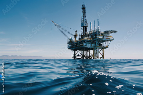 Offshore oil rig extracts fossil fuels in the open ocean, highlighting the global energy industry and its impact on the environment