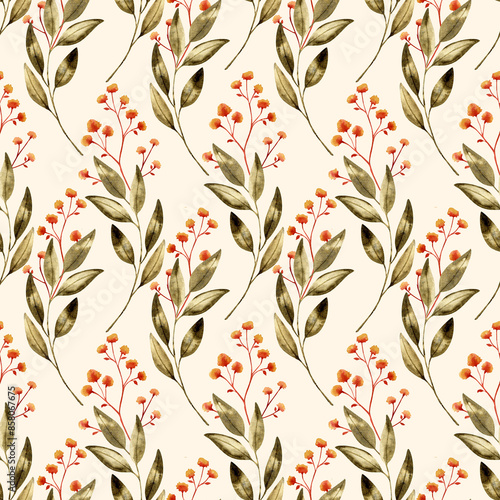 Floral seamless pattern with leaves, branches and flowers. Watercolor pattern. Green flowers and orange, red small flowers.