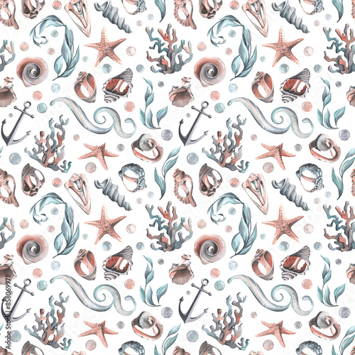 Various broken seashells and starfish on a white background. Watercolor illustration. Seamless pattern from the collection of WHALES. For fabric textiles, wallpaper, packaging beach and summer prints