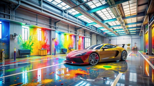 Colorful auto body shop interior with paint-splattered floors and tools, featuring a sleek sports car with open hood, awaiting a fresh coat of paint.