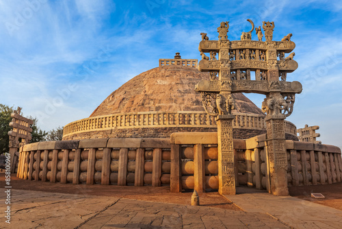 Great Stupa - ancient Buddhist monument. Sanchi, Madhya Pradesh, India