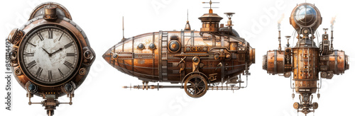 Steampunk Trio: Mechanical Clock, Airship, and Victorian Robot - Digital Illustration Set on White Background