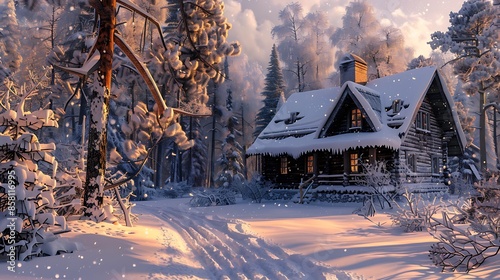 Traditional Russian Dacha, Snowy Afternoon, Forest Escape,
