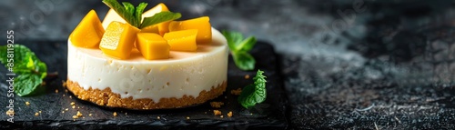 A delicious mini cheesecake with a graham cracker crust, topped with fresh mango and mint. Perfect for a summer party or any special occasion!