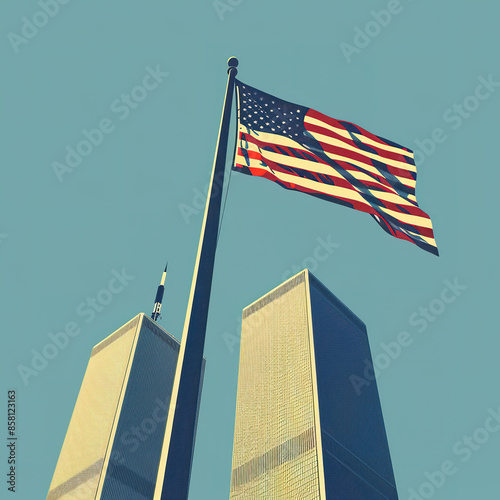 American flag waving in front of Twin Towers against blue sky