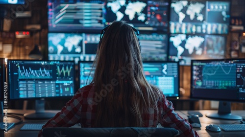 Depicts a female teenage hacker sitting in front of computer screens, bypassing cyber security measures.